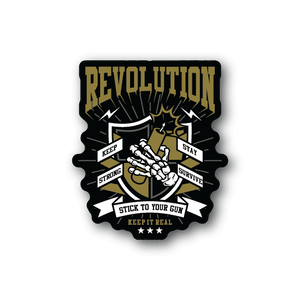 Vinyl sticker with REVOLUTION text, fist illustration, and Stick to Your Gun slogan