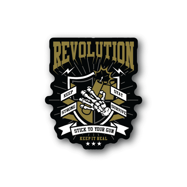 Vinyl sticker with REVOLUTION text, fist illustration, and Stick to Your Gun slogan