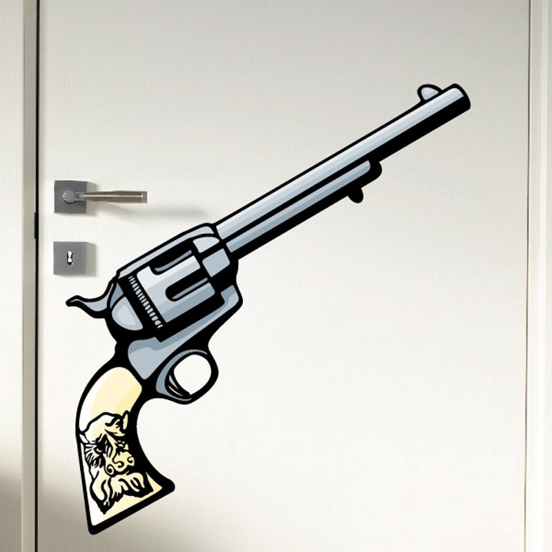 Revolver sticker with cartoon handgun graphic, black and white with tan accents