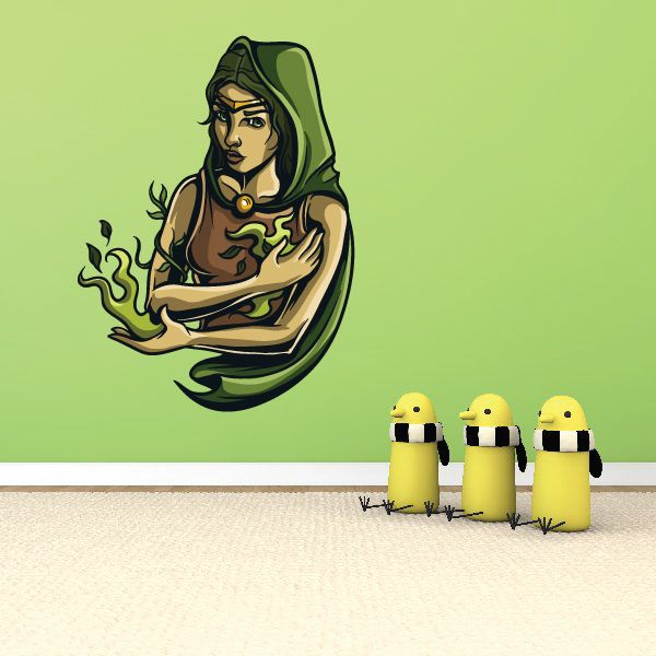 Green-hooded woman sticker holding out hands, with three small yellow character stickers