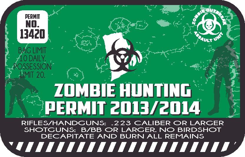 Zombie hunting permit sticker, green with permit No. 13420 and zombie emblem