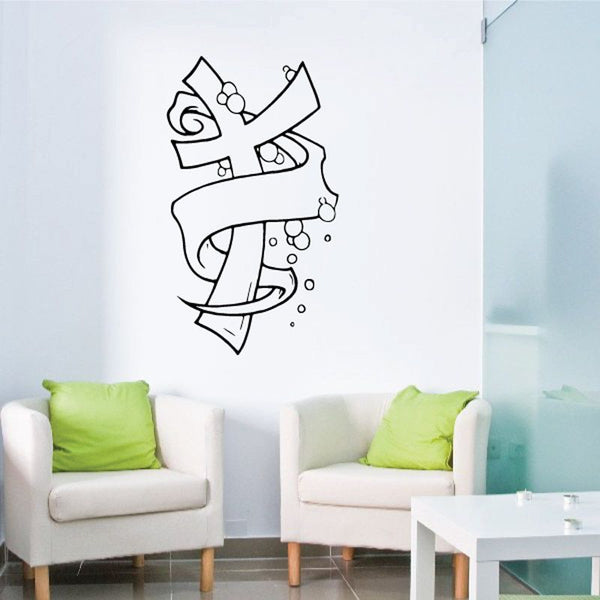Vinyl wall decal of black line-art angel with wings and ribbon, with small circles