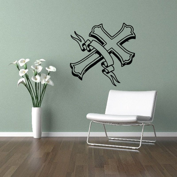 Vinyl wall decal of angel wings and cross with ribbon banner graphic