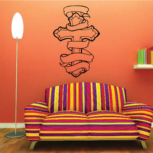 Vinyl wall decal featuring angel wings and cross outline