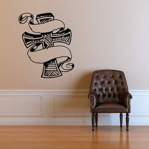 Angel wings and cross wall decal with ribbon banner, black vinyl design