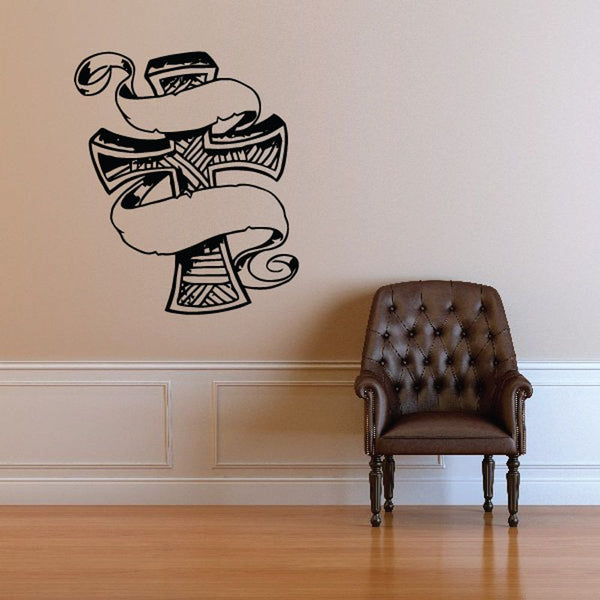 Angel wings and cross wall decal with ribbon banner, black vinyl design
