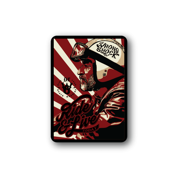 Motorcycle vinyl sticker: red, white, black biker graphic with Ride & Live text.