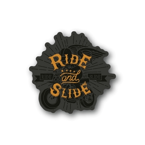 Motorcycle vinyl sticker with Ride and Slide lettering and flames burst design