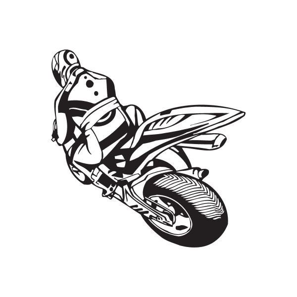 Street bike decal of black-and-white racing motorcycle with rider