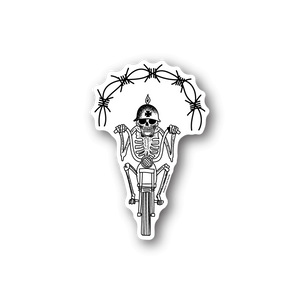 Dead skeleton motorcycle vinyl sticker, white skull on black outline