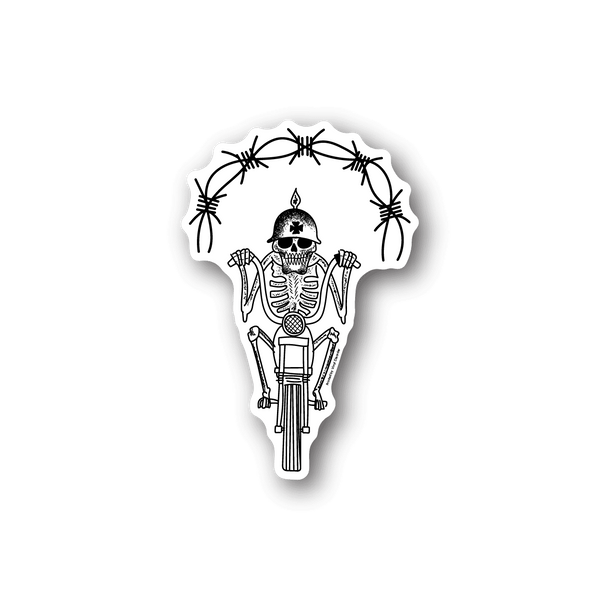 Dead skeleton motorcycle vinyl sticker, white skull on black outline
