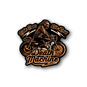 Motorcycle vinyl sticker: orange rider on bike with 'Death Machine' text
