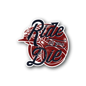Motorcycle vinyl sticker with red circular Ride Die text and blue accents