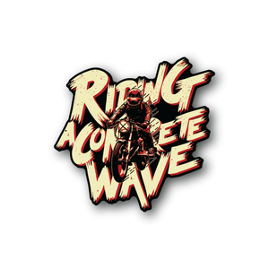 Motorcycle vinyl decal with illustrated rider and bold retro graffiti lettering