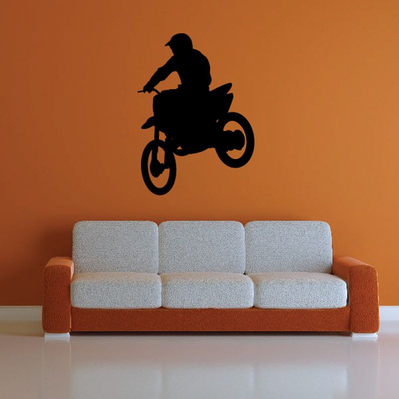 Dirt bike riding decal with black silhouette of a rider and motorcycle wheels