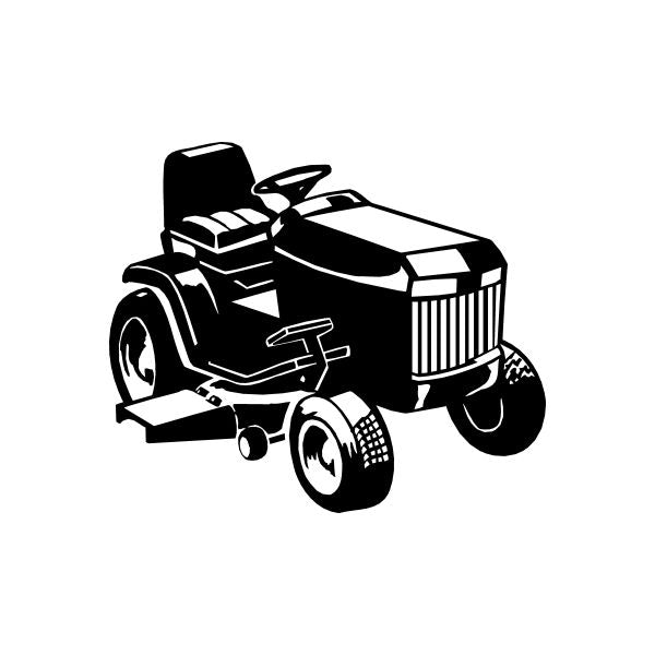 Riding lawn mower decal, black silhouette with wheels and grille details