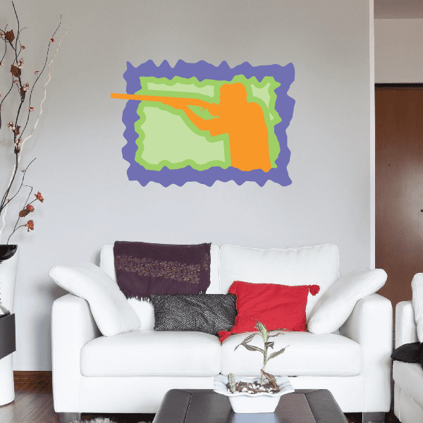 Rectangular hunter sticker with purple border, green background, and orange figure