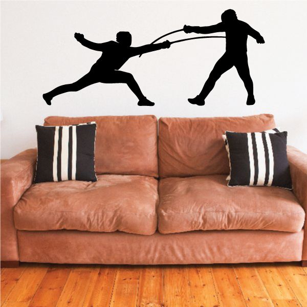 Fencing action decal with two black silhouette figures fencing against a light background