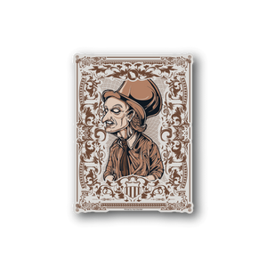 Vinyl sticker with vintage border and brown cartoon ringmaster portrait