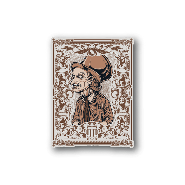 Vinyl sticker with vintage border and brown cartoon ringmaster portrait