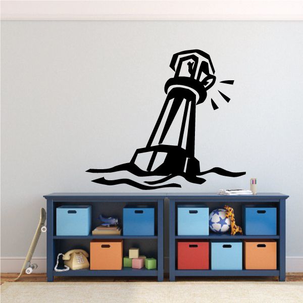 Black ringing buoy wall decal with lighthouse shape and waves