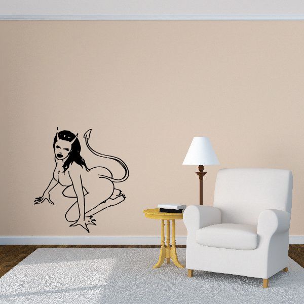 Devil girl wall decal, black line-art character with upward pose and long hair