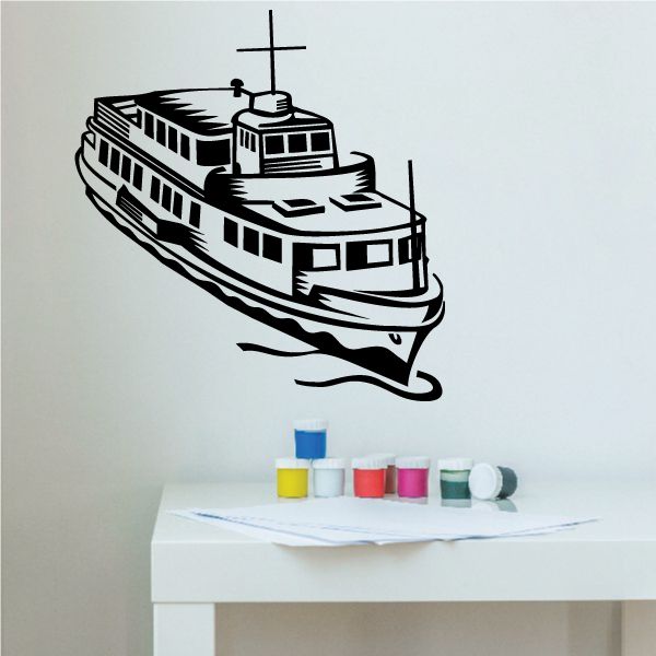 Riverboat decal of a black-and-white steamboat on waves
