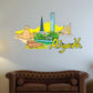 Riyadh skyline sticker with yellow background, green gardens, and cursive Riyadh