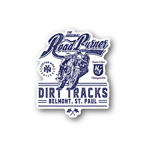 Dirt bike vinyl sticker with blue rider and bold “DIRT TRACKS” text badge