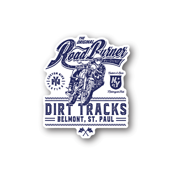 Dirt bike vinyl sticker with blue rider and bold “DIRT TRACKS” text badge