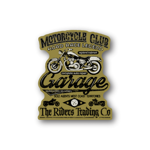 Garage vinyl sticker with motorcycle club logo and road race legend lettering