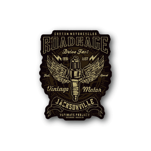 Sparkplug vintage motor sticker with wings, badge design, and gold lettering