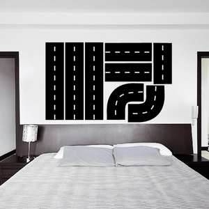 Roadway transportation vinyl wall decal with black highway lanes and turn curve lines