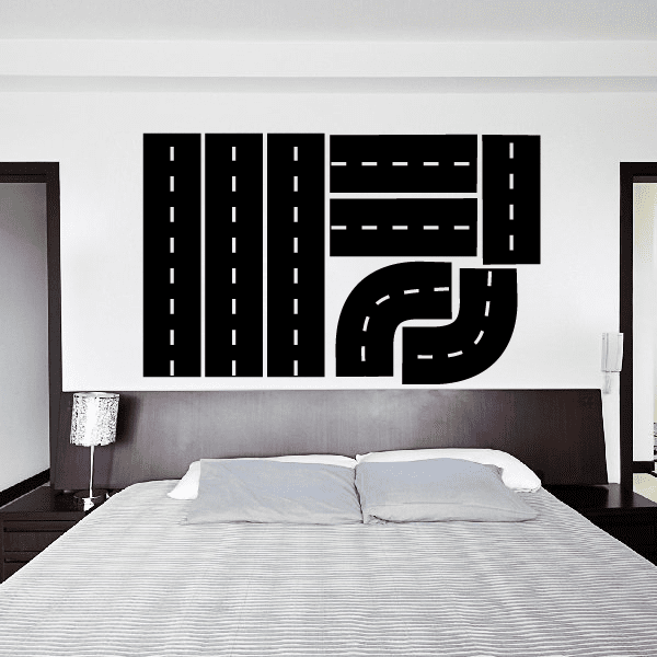 Roadway transportation vinyl wall decal with black highway lanes and turn curve lines