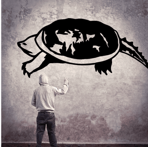 Black snapping turtle decal with wide shell and open mouth