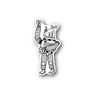 Dancing robot vinyl sticker with 'OLE!' caption and accordion details