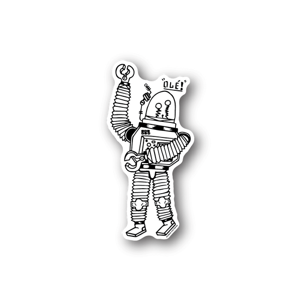 Dancing robot vinyl sticker with 'OLE!' caption and accordion details