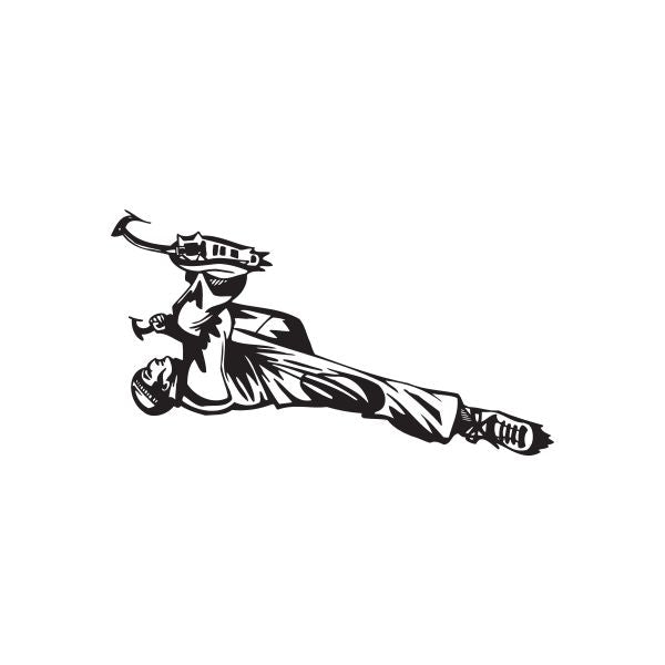 Rock climber hanging upside down under cliff decal, black illustrated silhouette