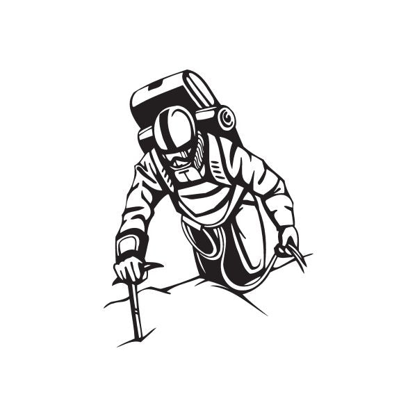 Rock climbing wall vinyl decal of cartoon climber holding a pickaxe