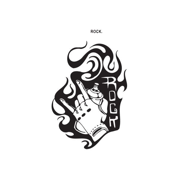 Rock sign decal: black flame skull guitar graphic on white backing