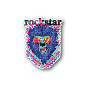 Rockstar lion vinyl sticker with blue roaring head and neon green lettering