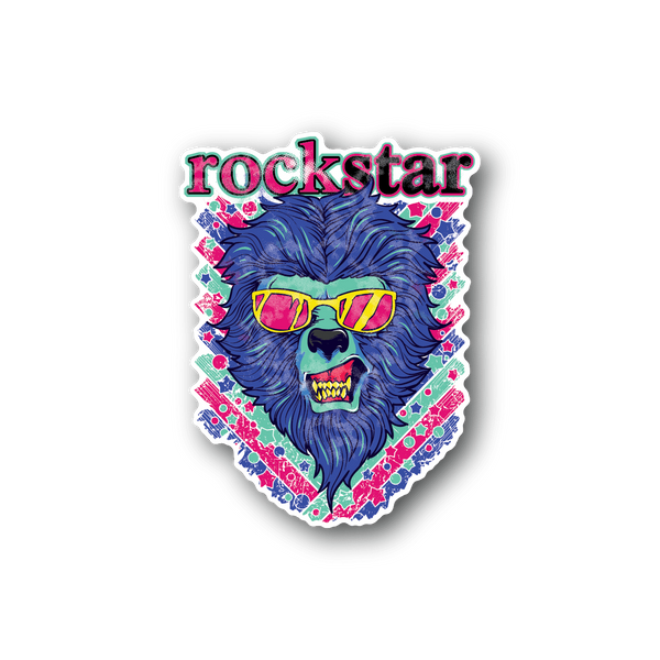 Rockstar lion vinyl sticker with blue roaring head and neon green lettering