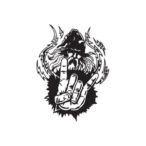 Rocker wizard hand decal with flame outline, black and white