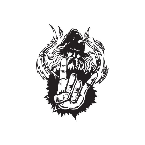 Rocker wizard hand decal with flame outline, black and white