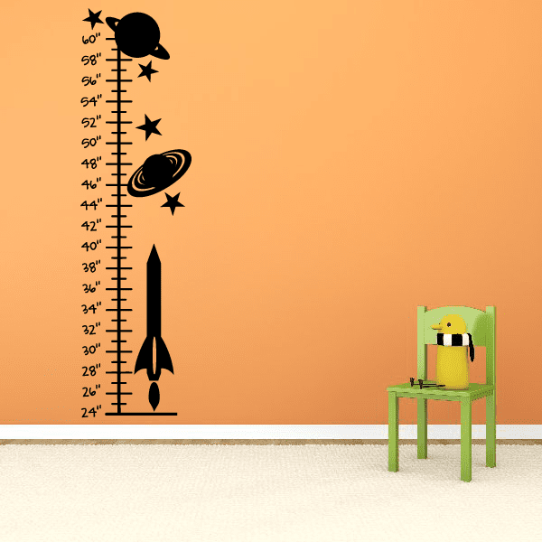 Rocket-themed height chart wall decal with black ruler, rocket and stars