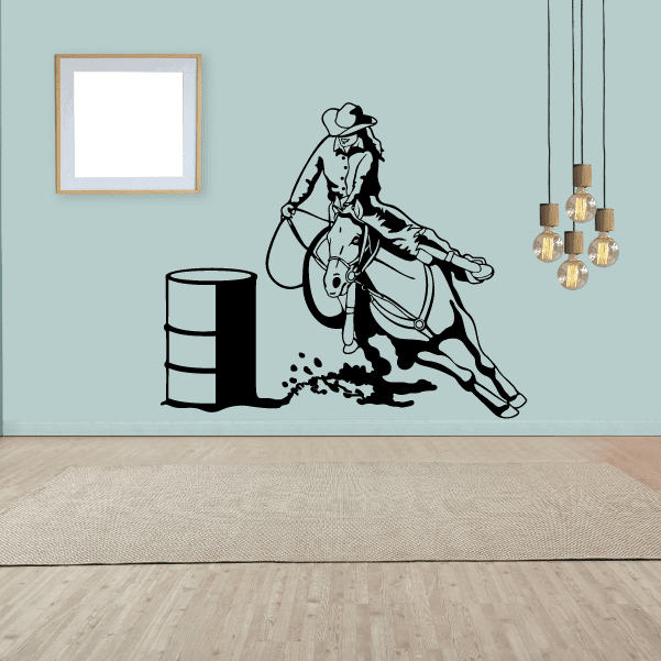 Rodeo decal of a cowboy riding a horse with boots and hat, black outline