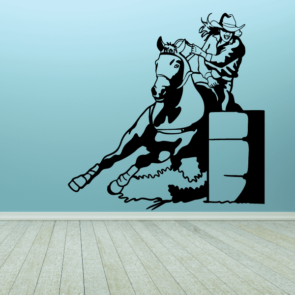 Horse-riding cowgirl obstacle course illustrated on a decorative wall decal