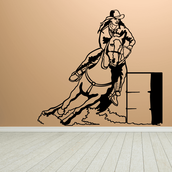 Happy Horse-riding cowgirl obstacle course illustrated on a decorative wall decal