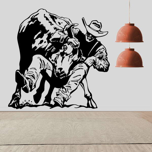 Bull-riding cowboy tripping over wall decal for western-themed decor