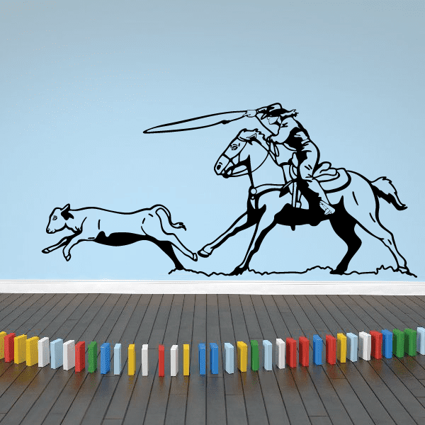 Dynamic wall sticker of a cowboy pursuing a calf on horseback